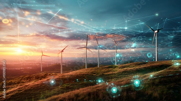 Fototapeta wind farm grassy hill turbines overlay abstract digital  lines data electricity generation energy technological analysis futuristic future technology nature innovation sustainable sustainability renew