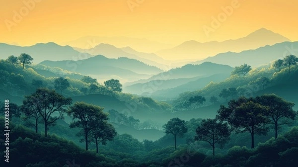 Fototapeta Flat nature background with silhouettes of trees and hills in green and yellow tones 