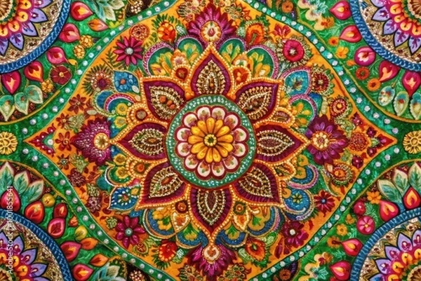 Fototapeta Vibrant Indian Textile Pattern Featuring Intricate Designs in Rich Colors and Traditional Motifs