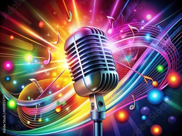 Obraz Vibrant Karaoke Night Poster Design with Microphone, Musical Notes, and Colorful Background Elements