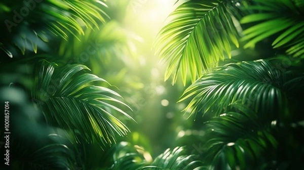 Fototapeta Tropical leaves pattern background with lush green palm fronds and bright lighting 