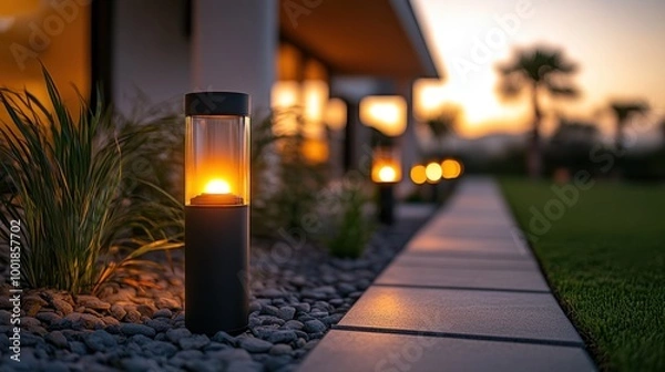 Fototapeta A well-lit front yard with motion sensor lights during nighttime 