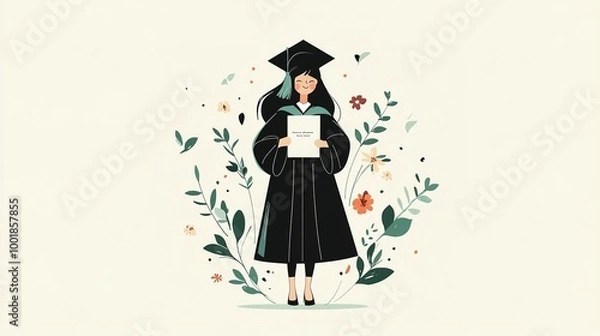Obraz A girl in a graduation gown proudly wearing a bachelor's hat, holding her graduation certificate surrounded by vibrant flowers and leaves. The illustration features a minimalistic flat vector style, 