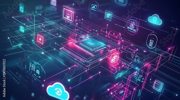 Fototapeta A futuristic illustration depicting a digital network with glowing lines, icons, and a central processor.
