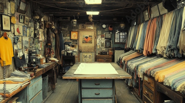 Fototapeta A cluttered workspace filled with fabric and vintage objects.