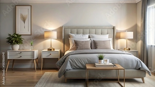 Fototapeta A cozy bedroom with a plush bed, two bedside tables with lamps, and a decorative plant, inviting relaxation and tranquility.