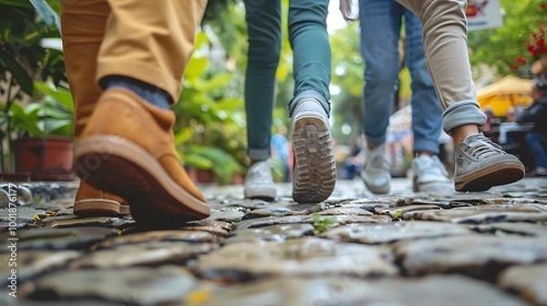 Fototapeta Family Walking Mid-Stride on Cobblestone Path with Soft Background of Café and Greenery