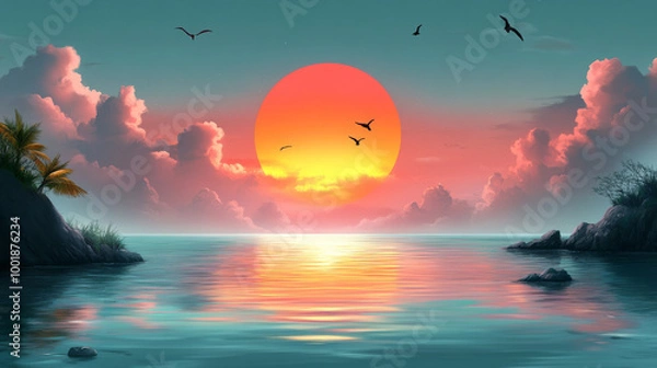 Fototapeta A vibrant sunset over a calm ocean with palm trees and rocks