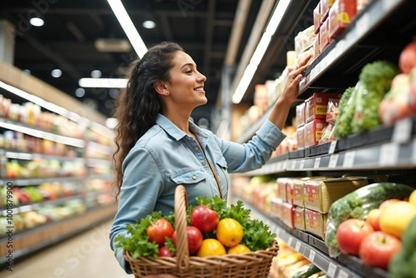 Fototapeta A joyful woman with long hair in a denim shirt is selecting groceries from a colorful and well-stocked aisle, demonstrating the abundance of choices in modern supermarkets.