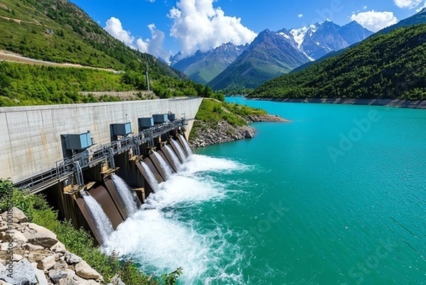 Fototapeta Hydropower station with a serene lake and mountains in the background, generating clean energy from water while preserving natural beauty