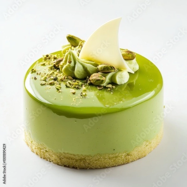 Fototapeta pistachio mousse cake with glazing with white chocolate on top 