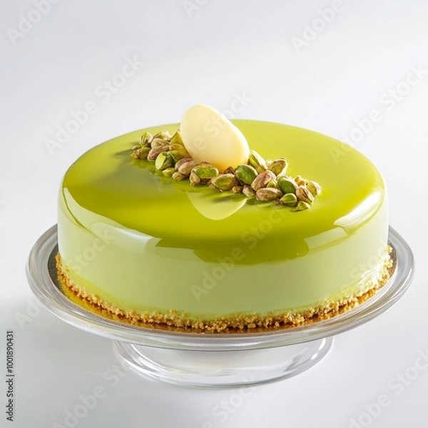 Fototapeta pistachio mousse cake with glazing with white chocolate on top 