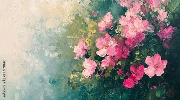 Fototapeta Soft pink petals in an abstract floral arrangement, blending with rich green foliage, painted in expressive oil strokes, evoking the essence of summer