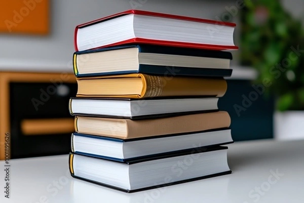 Obraz Minimal book stack, with clean, simple lines of books piled neatly on a white surface