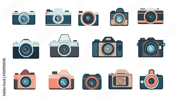 Fototapeta A comprehensive camera icon set featuring flat illustrations of various camera designs on a clean white background. Each icon is meticulously crafted to represent different types of cameras, 