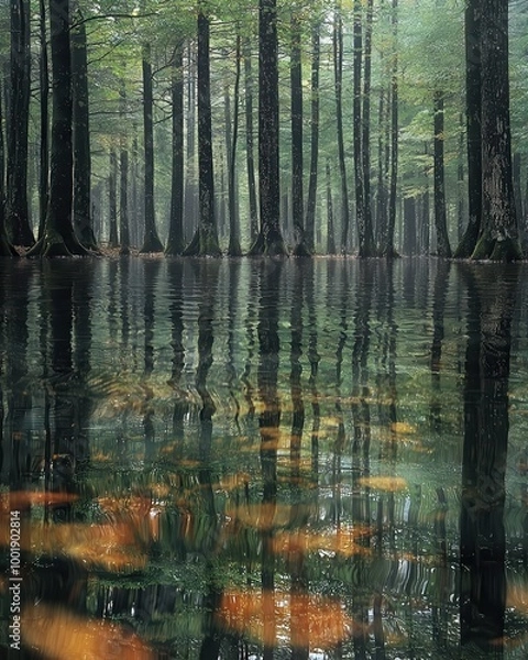 Fototapeta Serene Forest Reflection in Tranquil Water Landscape
