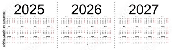 Fototapeta Calendar grid for 2025, 2026 and 2027 years. Simple horizontal template in Russian language. Week starts from Monday. Isolated vector illustration on white background.