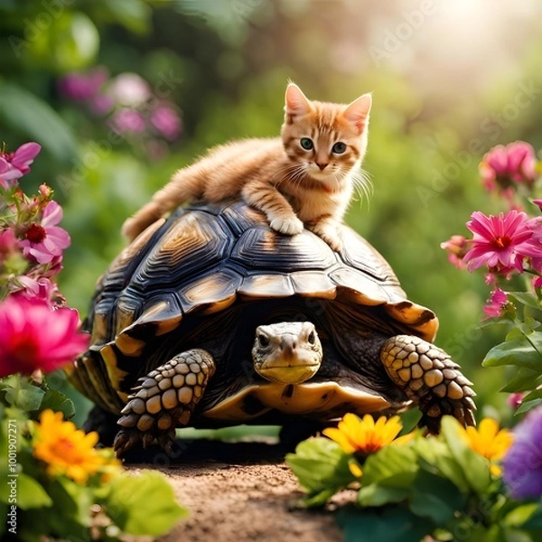 Fototapeta Kitten on a tortoise 