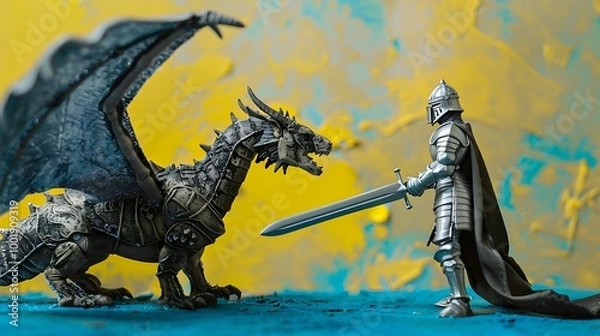 Fototapeta A toy knight with a dragon on a blue and yellow background