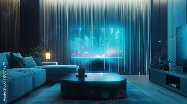 Fototapeta Futuristic Hologram Device Projecting 3D Screen in Modern Living Room