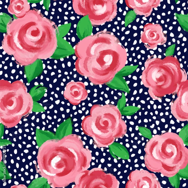 Fototapeta Retro rose pattern. Floral seamless background with irregular dot. Design for fashion textiles, fabric, print, graphics, backgrounds and crafts.