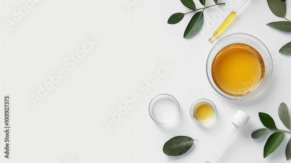 Fototapeta Essential oil extracted from plants. Science equipment and leaves isolated on white background.