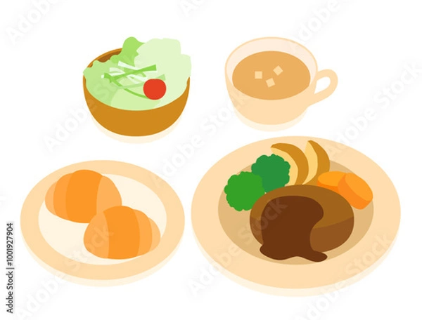 Fototapeta ハンバーグの定食やランチやディナーのイラスト　パン・サラダ・スープ付きバージョン