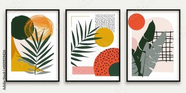 Obraz Geometric shapes mid century poster set: abstract design with tropical palm leaf, geo elements. Modern illustration for minimalist print, poster, boho wall decor framed art.