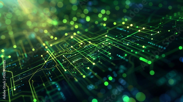 Fototapeta Futuristic cyber tech background with floating holographic data interfaces, transparent digital layers, and AI-driven circuit patterns glowing in neon green.