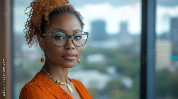 Fototapeta American business woman standing in front of window with orange top and glasses with slight smile