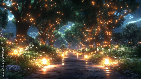 Fototapeta Enchanted forest path illuminated by twinkling lights.