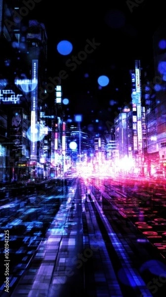 Fototapeta A vibrant city street at night with colorful lights and a dynamic atmosphere.