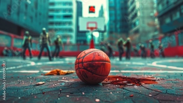 Fototapeta Deflated Basketball on Empty City Court