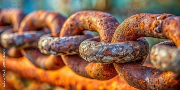 Obraz Close up shot of a weathered rusty chain, showcasing an industrial abstract and macro details, rusty, chain, weathered