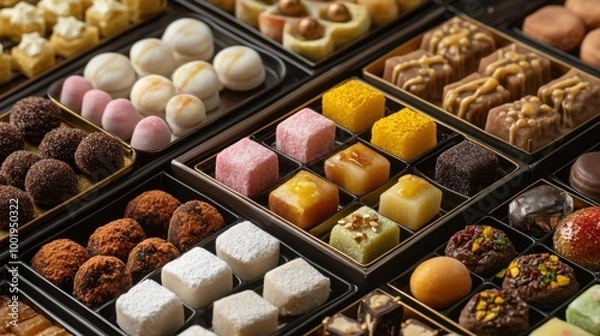 Fototapeta An assortment of luxurious festival sweets from around the world, beautifully presented in elegant containers.