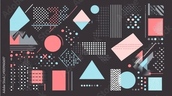 Fototapeta Abstract geometric patterns in pink, blue, and black for design inspiration.