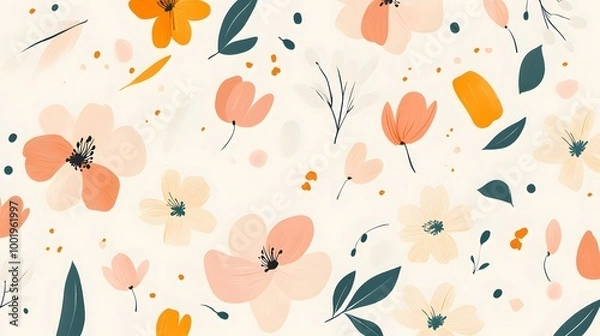 Fototapeta Whimsical Floral Pattern: Delicate peach and orange blossoms dance across a soft cream canvas, creating a charming and inviting background for your designs.