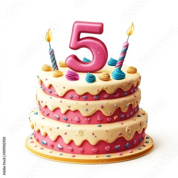 Fototapeta 5 year birthday cake with candles