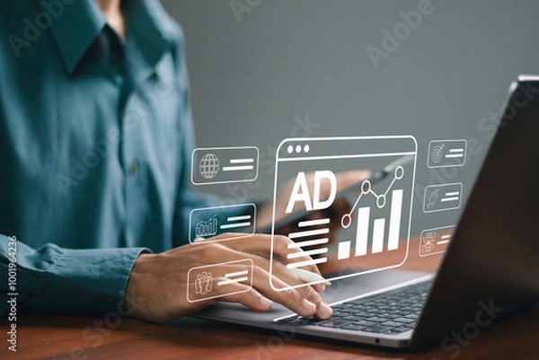 Fototapeta Advertising concept, PR Public relations, Businessman using laptop with advertising icon on website, plan advertising marketing strategies to target social media native, ad, advertisers, sales.