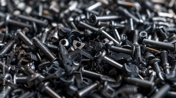 Fototapeta A large pile of mixed screws of various sizes and shapes in a metallic grey tone.