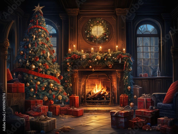 Fototapeta Interior christmas. magic glowing tree, fireplace, gifts