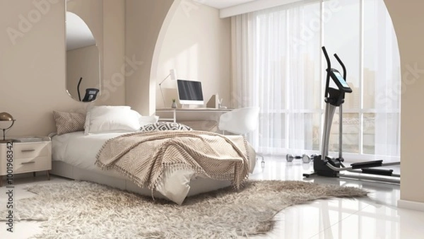 Fototapeta White single bed on shag rug, working desk, air walker in sunlight from window arch with sheer curtain on beige wall luxury, modern bedroom for interior design decoration, product background 3D