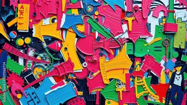 Fototapeta Vibrant colors and geometric shapes come together in a stylized composition, blending retro and modern elements to evoke the dynamic energy of music culture.