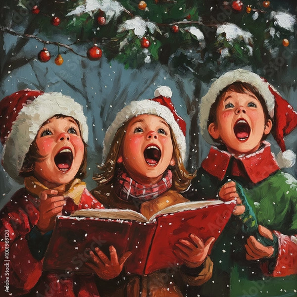 Fototapeta Christmas Carolers: Children singing carols under snowy tree 