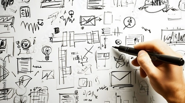 Fototapeta The Genesis of an Idea: A hand sketching out a myriad of design elements and ideas on a whiteboard, symbolizing the process of creativity and innovation.