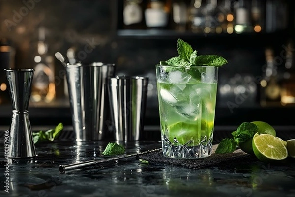 Fototapeta Final word green cocktail made with dry gin herbal liqueur lime juice mint and ice Black bar counter backdrop featuring steel bar tools and bottles. Copy space image. Place for adding text and design