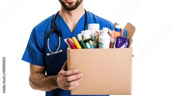 Obraz Medical delivery person in uniform holding prescription drug package with medical cross symbol, standing at modern hospital entrance, with copy space for text or design.