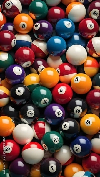 Fototapeta A vibrant collection of colorful pool balls arranged closely together ready for a game in a cozy billiards hall. Generative AI