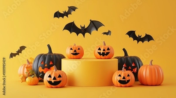 Fototapeta Jack-o'-lanterns and bats on yellow