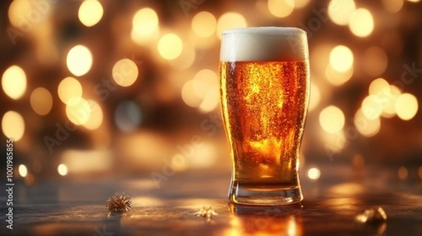 Fototapeta Refreshing golden beer in a glass with foam, beautiful bokeh background.
